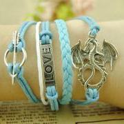 Charm Jewelry,dragon bracelet, motto love bracelet, Cupid arrow bracelet, wax cords and braid leather bracelet, Friendship personalized gift