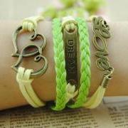 Handmade faith love charm bracelet,yellow rope bracelet,love hearts dream bracelet,Green braid leather bracelet,custom jewelry-Free Gift