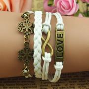 love bracelet,infinity bracelet,snowflake bracelet in Antique bronze,White wax rope bracelet,handmade imitation leather bracelet,gifts
