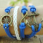 Jewelry Infinity Bracelet,Rudder Bracelet,Anchor Bracelet,Blue wax rope Bracelet,Antique Silver handmade Charm Bracelet,Gift for girl,boy