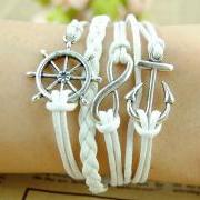 Handmade Bracelet,Silver rudder bracelet Anchor pendant bracelet Infinity Bracelet, Braid Leather Bracelet,charm bracelet-Free gift