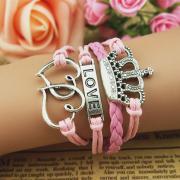 Antique Bronze Bracelet,imperial crown Bracelet, heart to heart Bracelet Pink wax rope Bracelet braid leather Bracelet-personalized gift