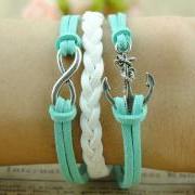 Infinity bracelet,anchor bracelet, charm bracelet,white braid leather bracelet, unique Hand Chain gift,wax cords bracelet personalized