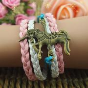 Horse bracelet, ancient silver charm bracelet, braid imitation leather bracelet, wax cords bracelet personalization, handmade. -free gift