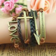 Fashion Antique bronze leather bracelet,Cupid's Arrow & Anchor made of braid leather bracelet,love bracelet cross charm bracelet -free gift