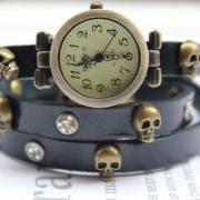 Leather Bracelet Skull Watch 3 colors,Vintage Cow Leather Wrist Watch,Leather Watch &Bracelet,Rock-style Punk Leather Watch-B2