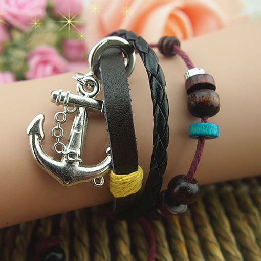 Women Or Girls Charm Bracelet Made Of Leather Ropes, Color Wooden Beads Bracelet, Anchor Pendant Braid Leather Bracelet,gift-personalized