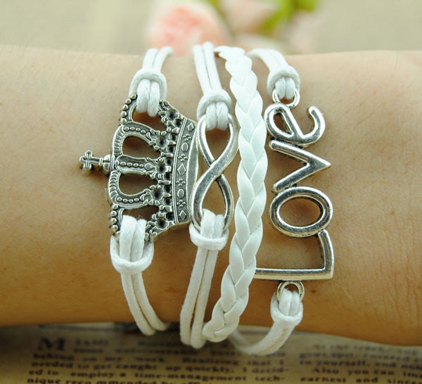 Handmade White Wax Cords Bracelet,imperial Crown Bracelet, Silvery Bracelet Custom Braid Leather Bracelet,fashion Gift For Bridesmaid