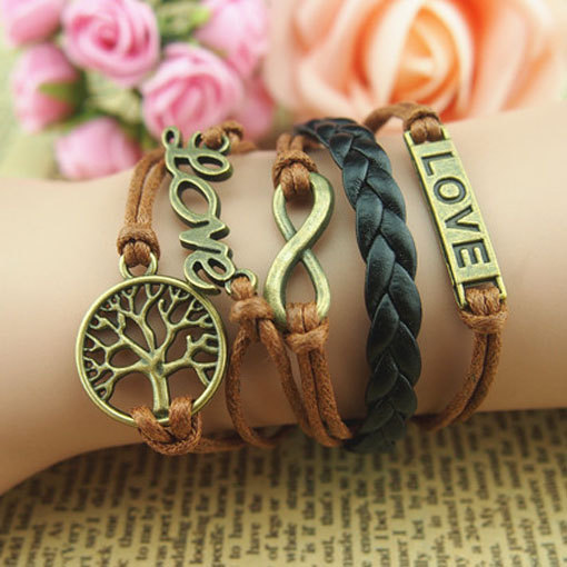 Antique Bronze Bracelet,infinity Bracelet, Wish Tree And Love Bracelet, Motto Bracelet Black Braid Leather Bracelet,brown Wax Cords Bracelet