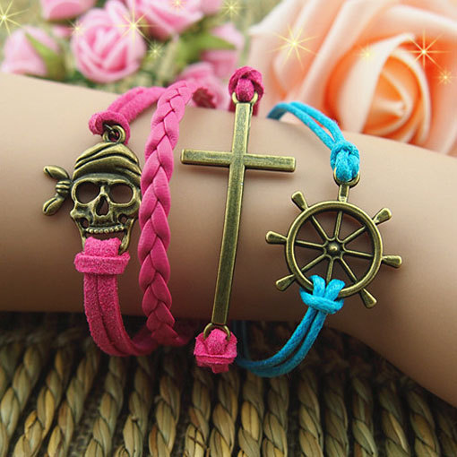 Handmade Braid Leather Bracelet,cross Bracelet,rudder And Pirate Bracelet,wax Cords Bracelet, Gift-personalized Bracelet,gift For Girl