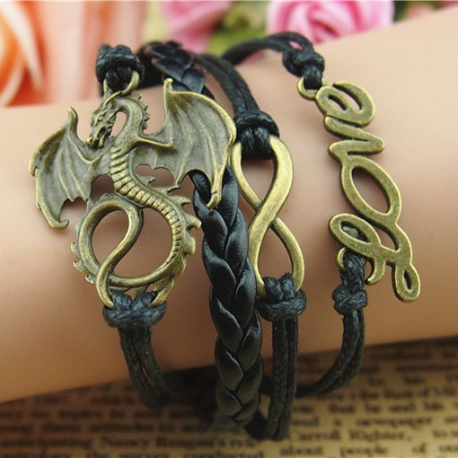 Charm Jewelry Infinity Bracelet,dragon Bracelet,love Bracelet,black Wax Cords Bracele,braided Leather Bracelet,gift For Men- Personalized