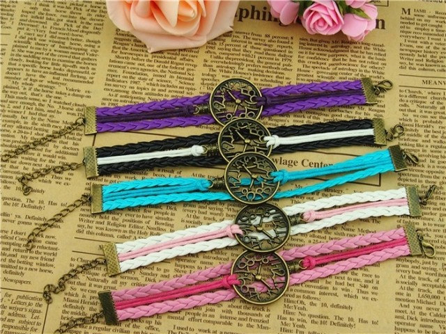 5 Colors Handmade Clock Bracelet In Antique Bronze, Watches Bracelet,braid Leather And Wax Cords Bracelet-bridesmaid Charm Jewelry- Gift