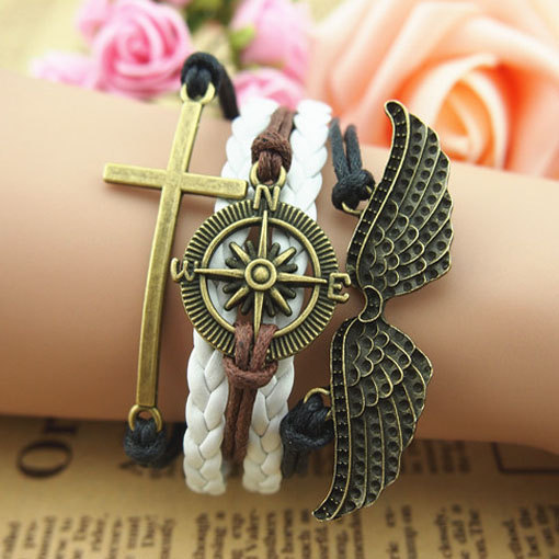 Handmade Antique Bronze Bracelet,wings Bracelet, Compass And Cross Charm Bracelet In Bronze,wax Cords And White Leather Braid Bracelet