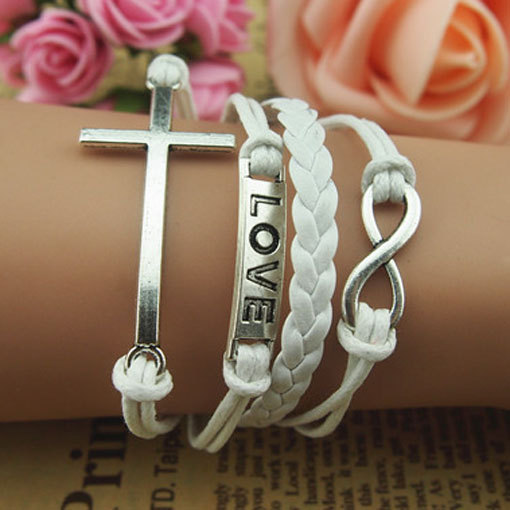 Handmade White Bracelet,infinity Bracelet Cross Love Bracelet, Antique Silver White Braid Leather And Wax Cords Bracelet Bridesmaid Bracelet