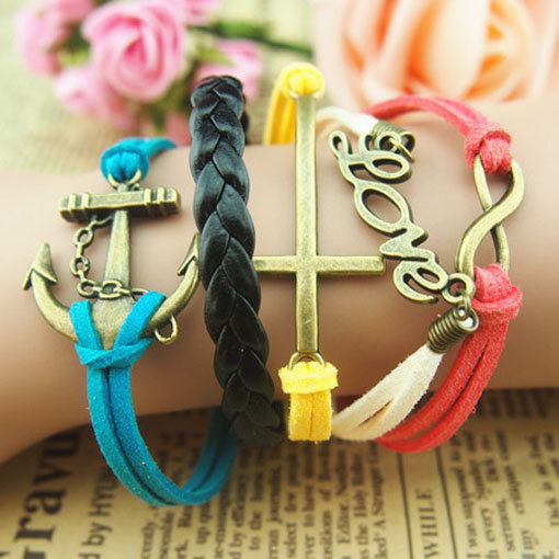 Handmade Charm Jewelry,black Braid Leather Bracelet,anchor Bracelet,cross Bracelet,infinity Bracelet,wax Rope Bracelet Gift For Girl