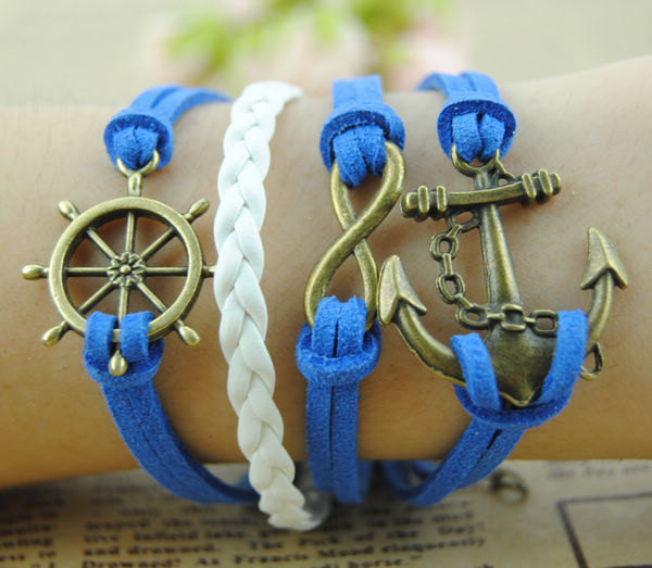 Jewelry Infinity Bracelet,rudder Bracelet,anchor Bracelet,blue Wax Rope Bracelet,antique Silver Handmade Charm Bracelet,gift For Girl,boy
