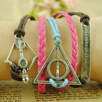 Harry Potter triangle charm bracelet in antique silver,Motto bracelet,Cupid arrow bracelet, personalized gift for Girls,Handmade Jewelry