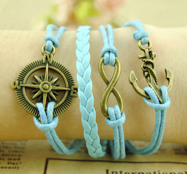 Rudder Infinity Wish Compass Bracelet With Brown Wax Cords And Braided